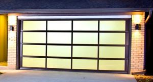 glass garage door at night